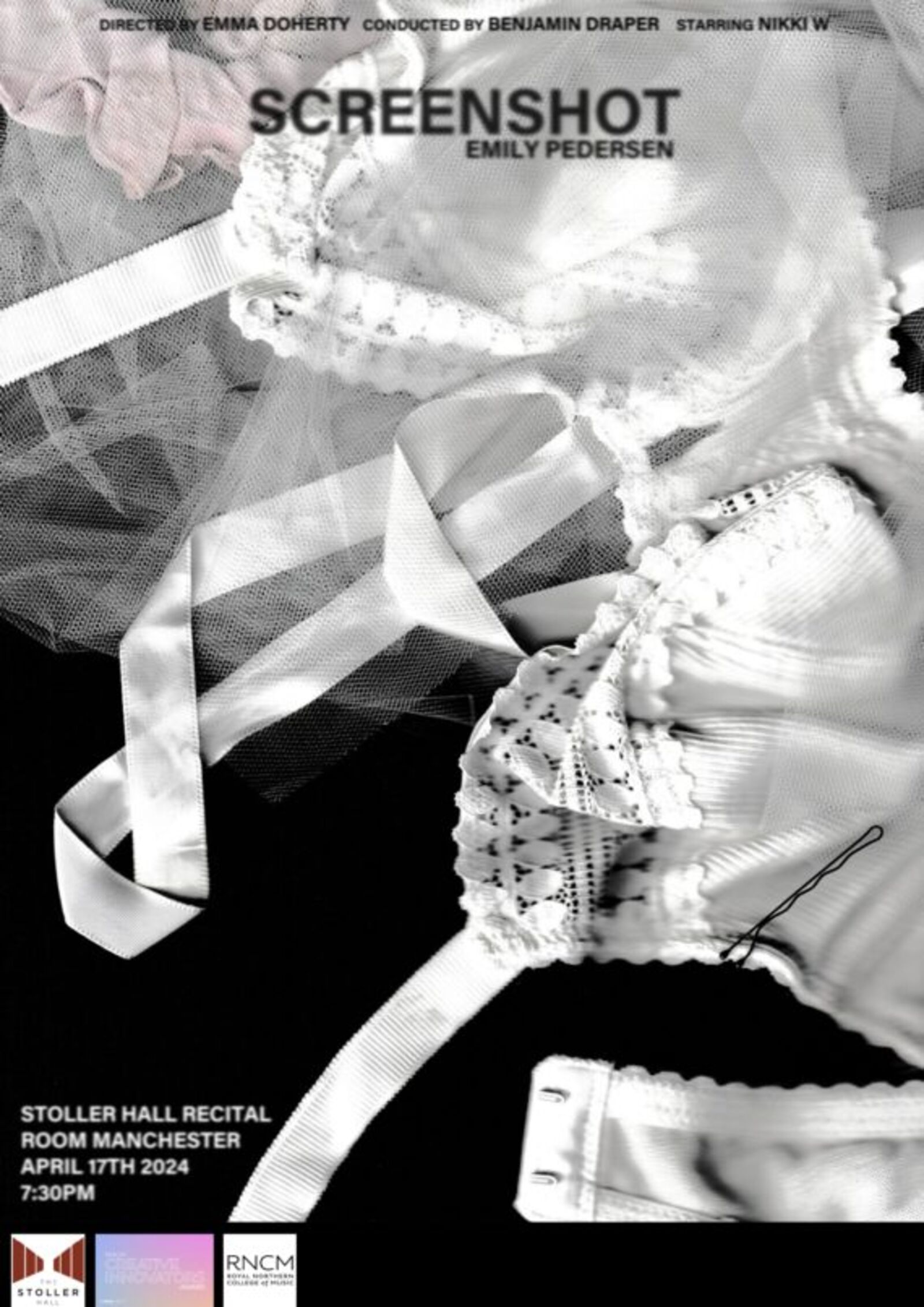 Affiche de la création mondiale de Screenshot, opéra de chambre d'Emily Pedersen, Stoller Hall Recital Room Manchester, 17 avril 2024
